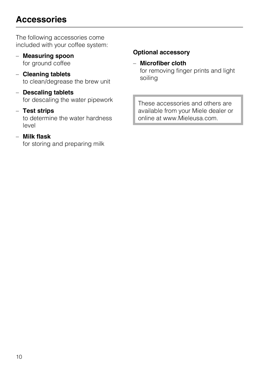 Miele CM 5000 operating instructions Accessories 