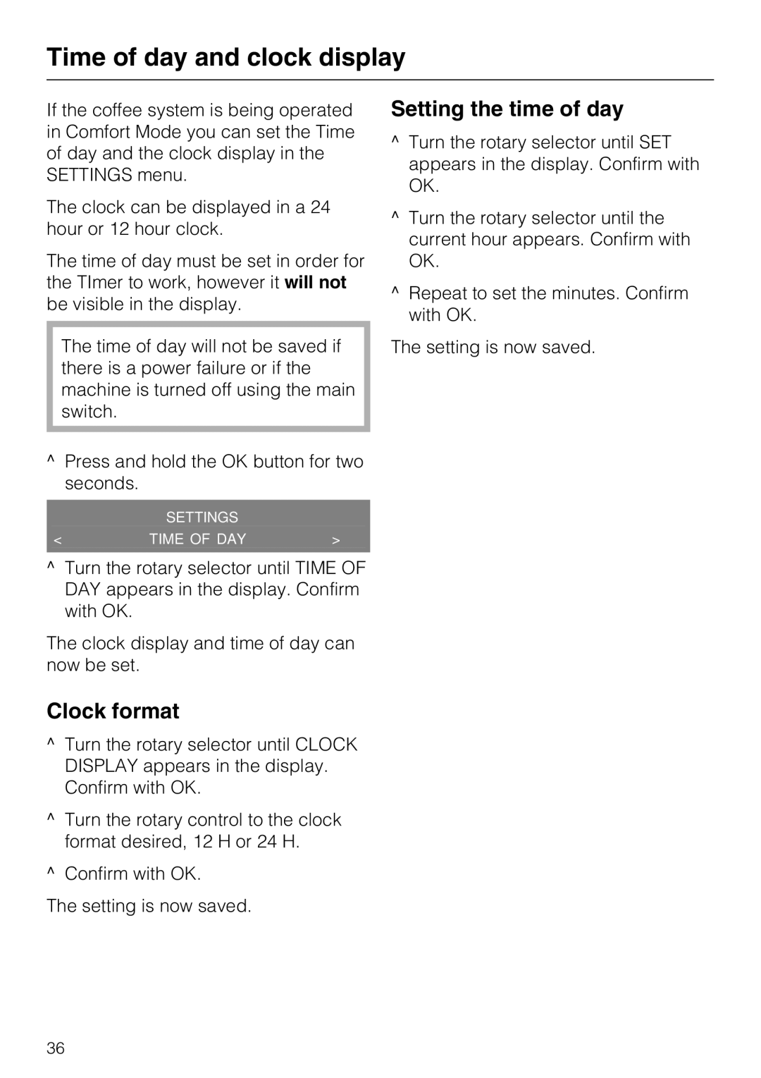 Miele CM 5000 operating instructions Time of day and clock display, Clock format, Setting the time of day 