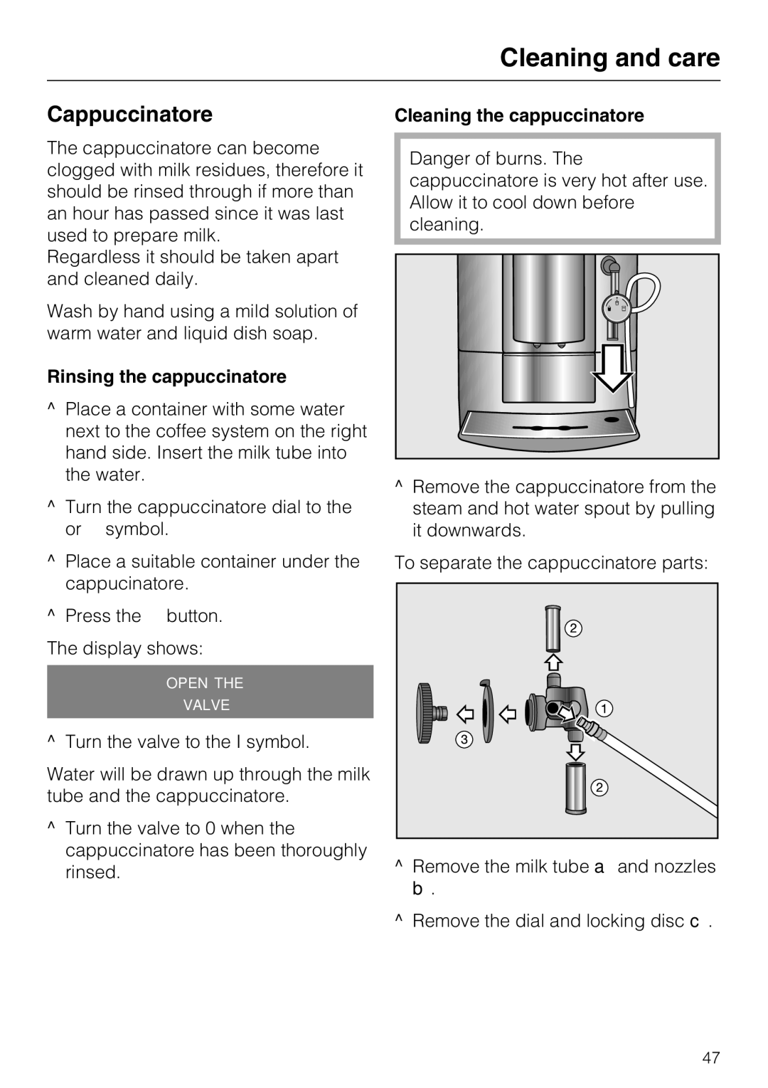 Miele CM 5000 operating instructions Cappuccinatore, Rinsing the cappuccinatore 