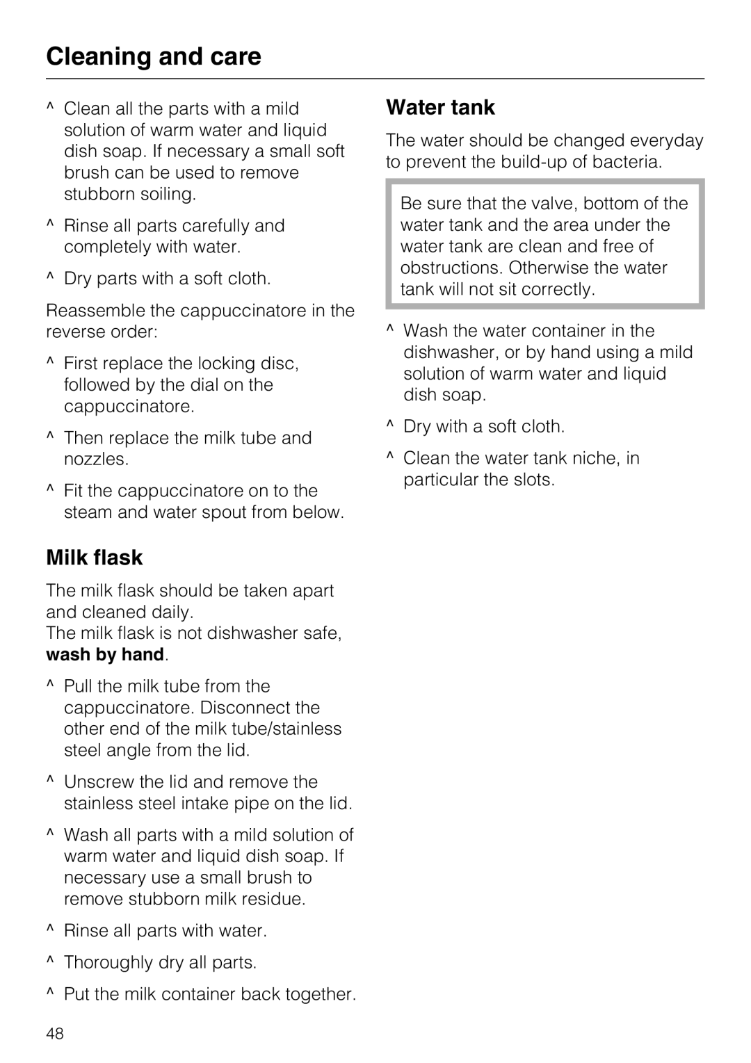 Miele CM 5000 operating instructions Milk flask, Water tank 