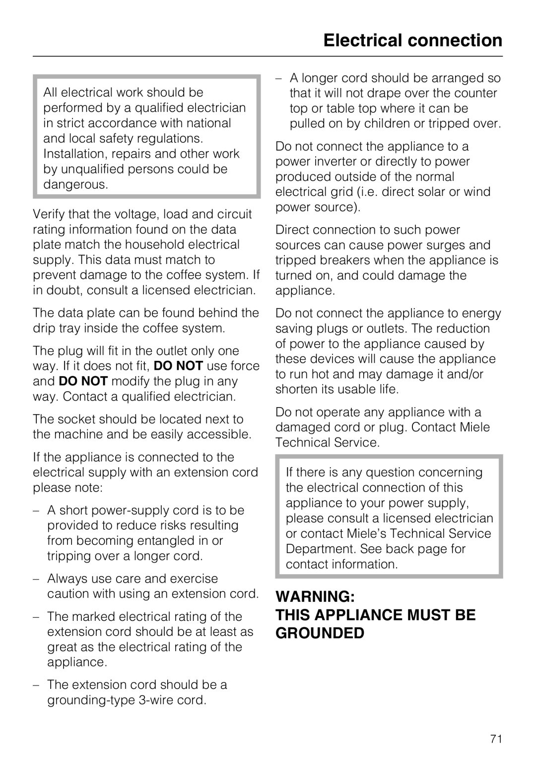 Miele CM 5000 operating instructions Electrical connection 