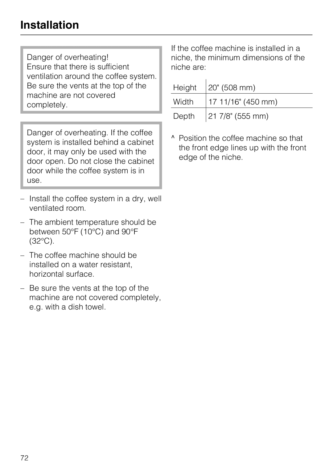 Miele CM 5000 operating instructions Installation 