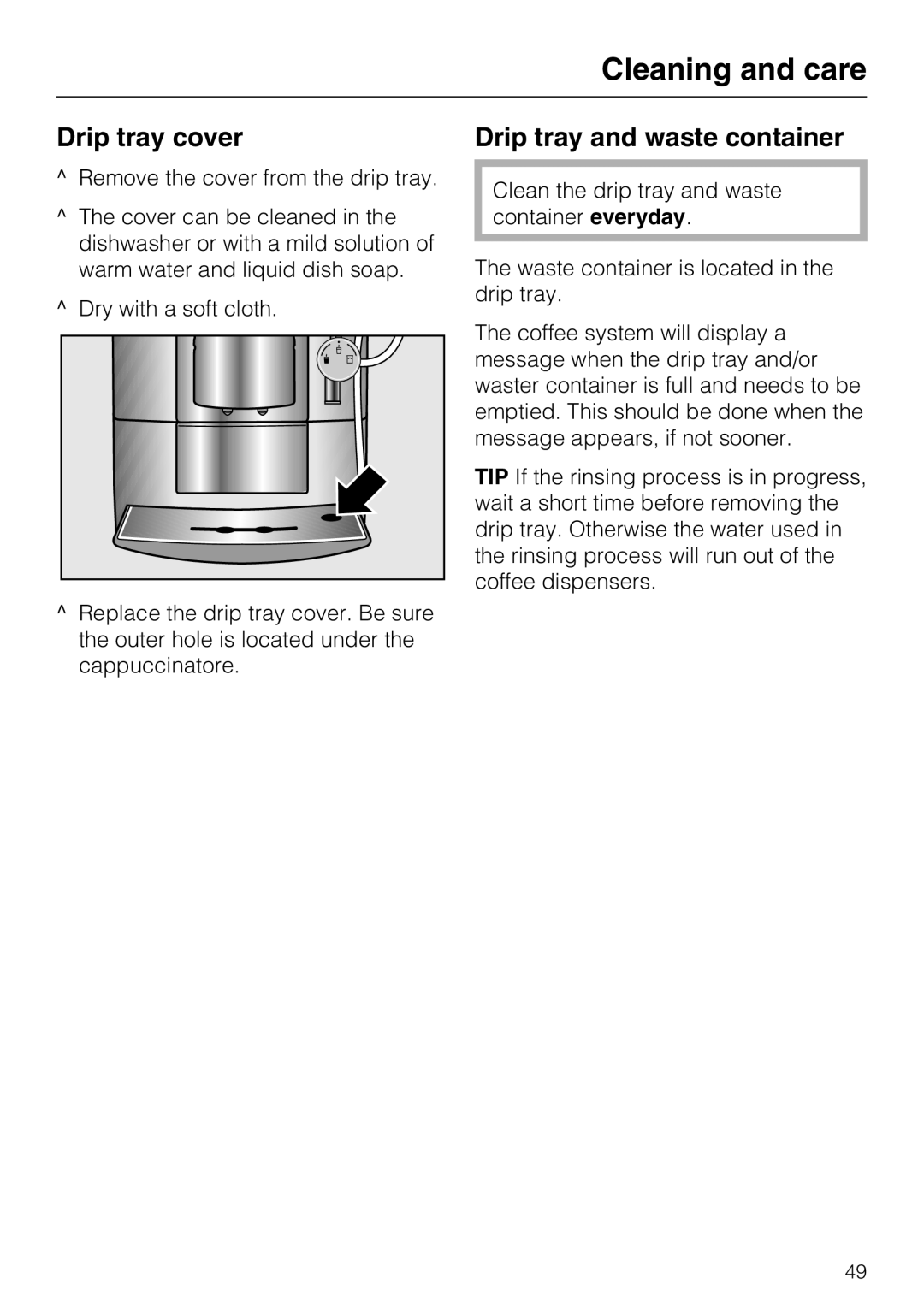 Miele CM 5000 operating instructions Drip tray cover, Drip tray and waste container 