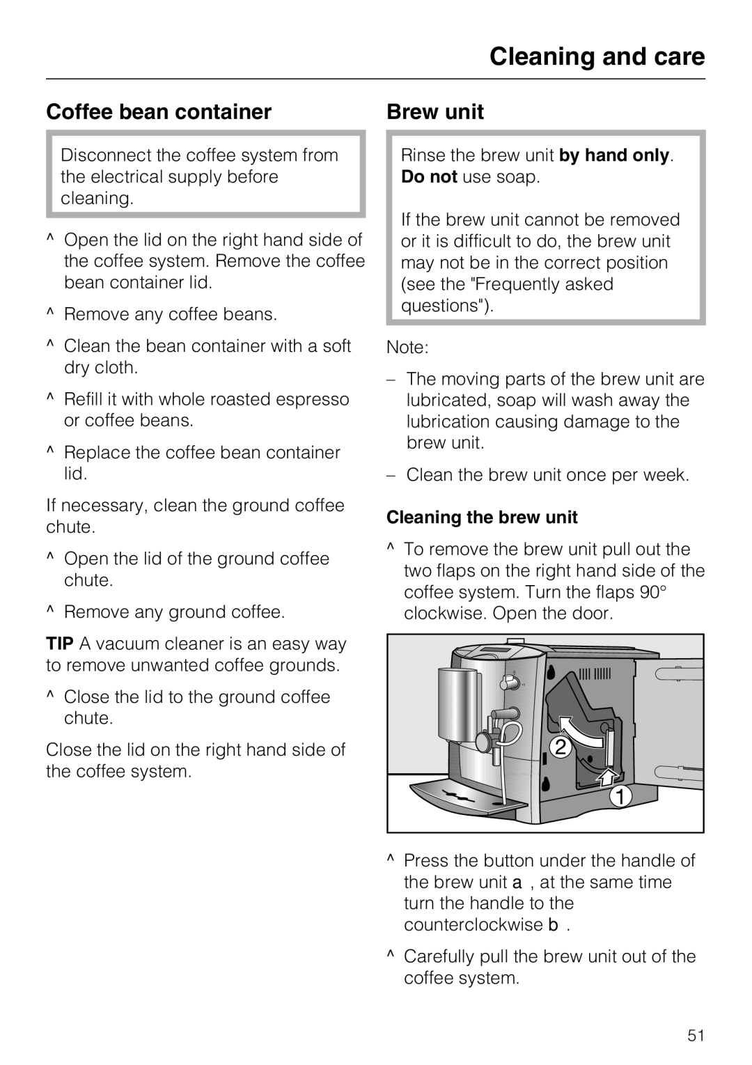 Miele CM 5000 operating instructions Coffee bean container, Cleaning the brew unit 