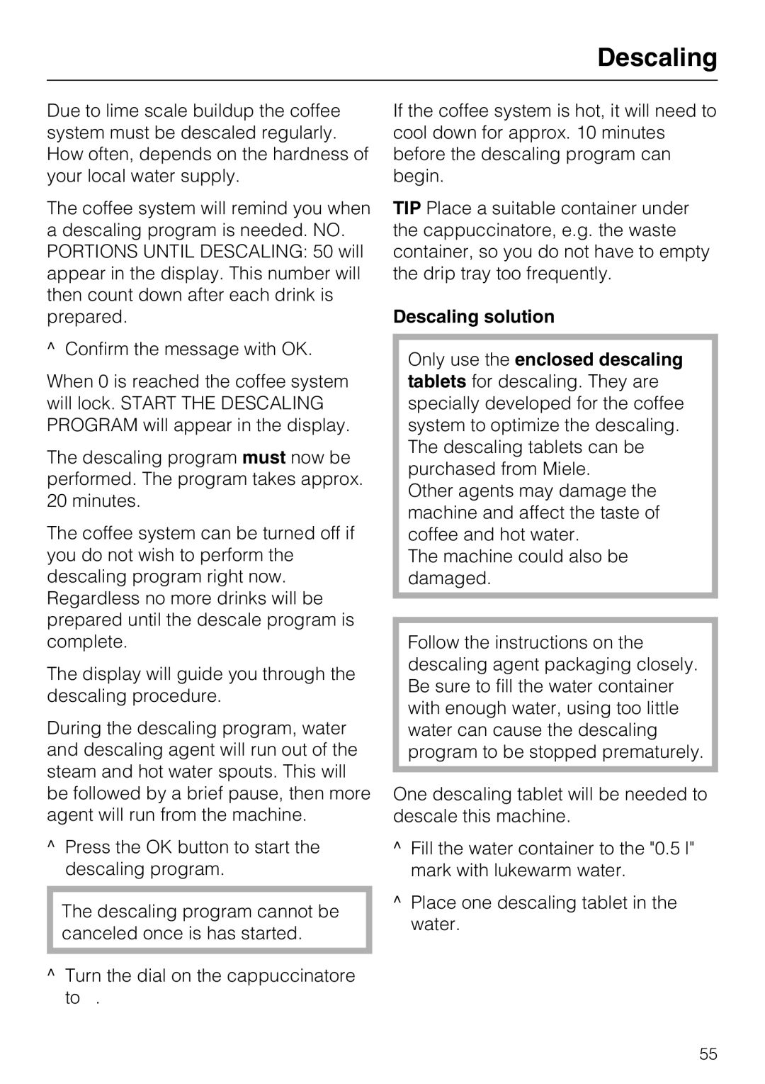 Miele CM 5000 operating instructions Descaling 