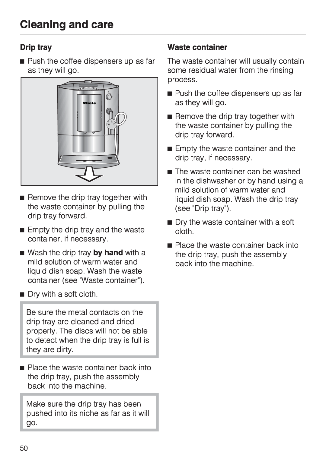 Miele CM 5000 operating instructions Cleaning and care, Drip tray, Waste container 