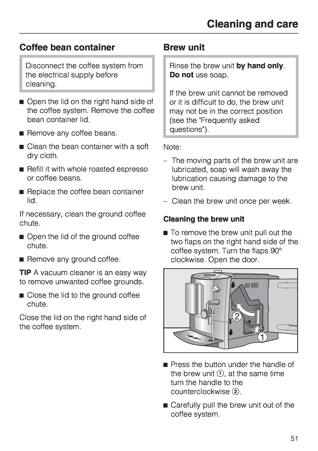 Miele CM 5000 operating instructions Coffee bean container, Brew unit, Cleaning and care 