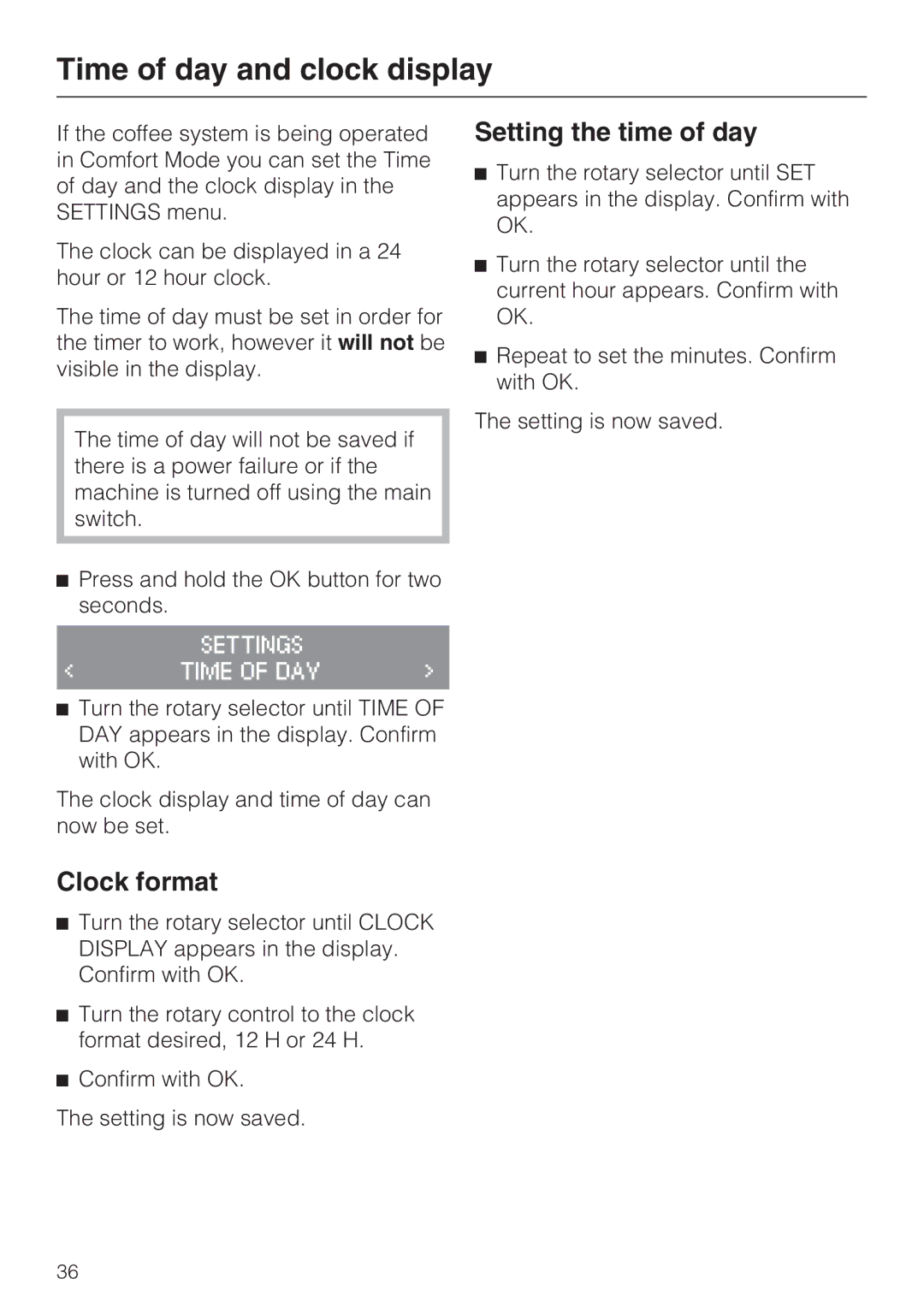 Miele CM 5100, 7995311 manual Time of day and clock display, Clock format, Setting the time of day 