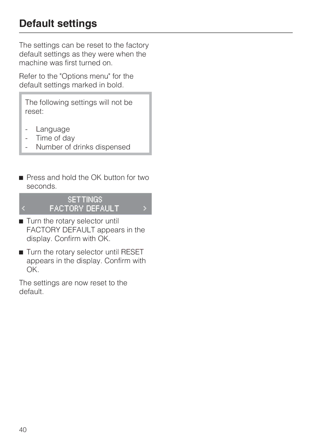 Miele CM 5100, 7995311 manual Default settings 