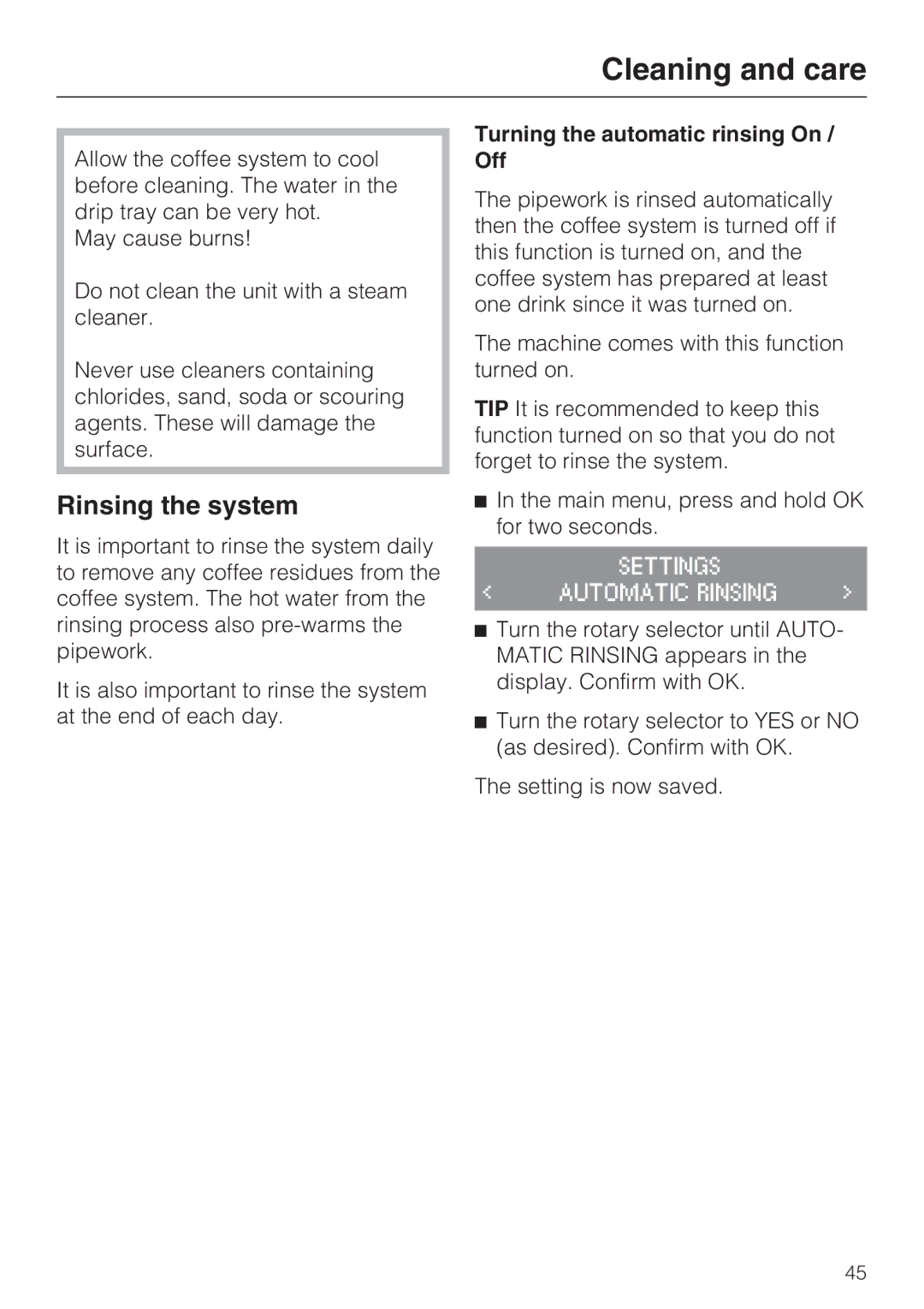 Miele 7995311, CM 5100 manual Rinsing the system, Turning the automatic rinsing On / Off 