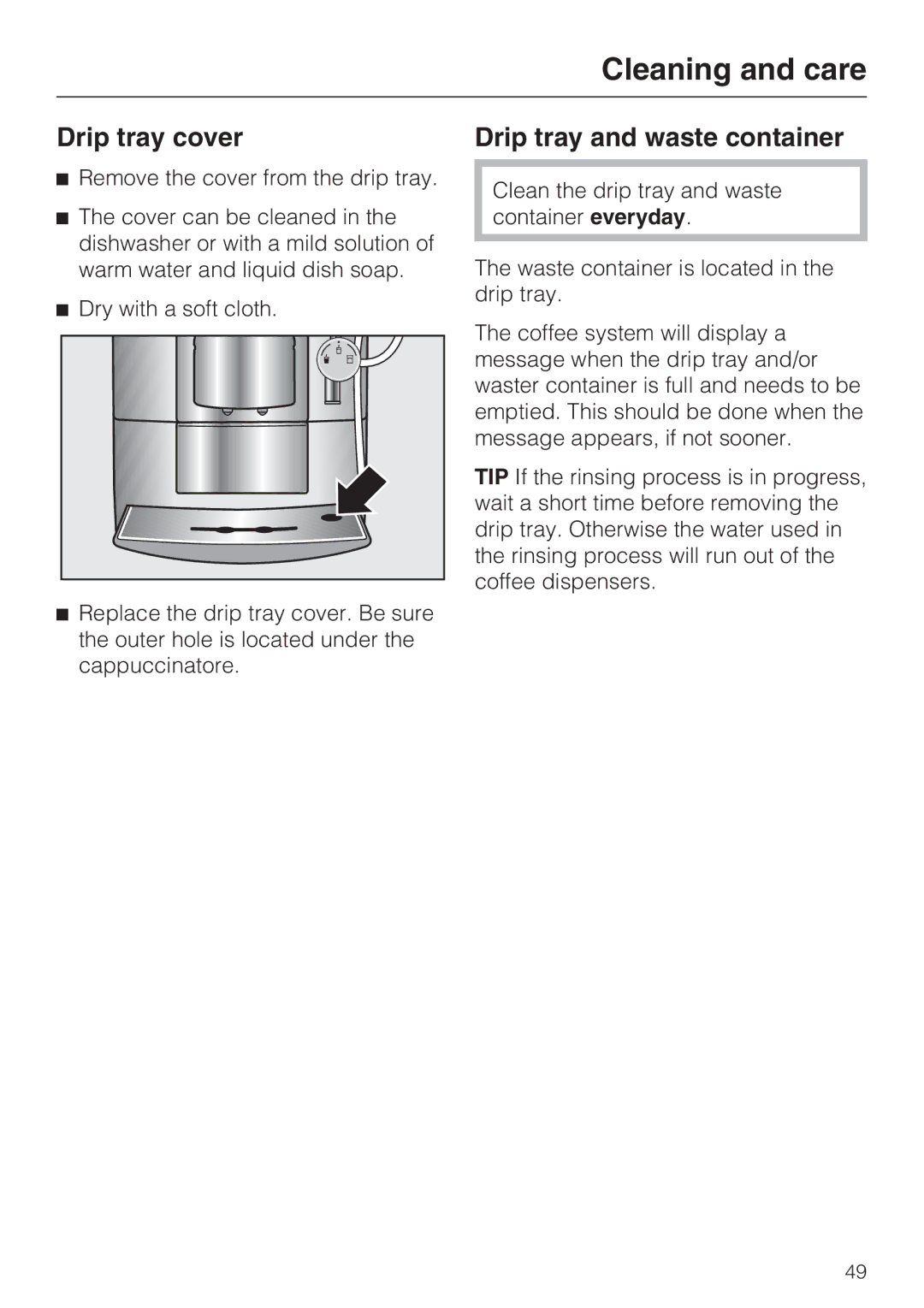 Miele 7995311, CM 5100 manual Drip tray cover, Drip tray and waste container 