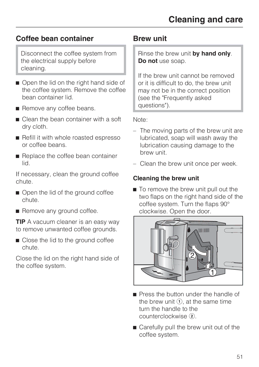 Miele 7995311, CM 5100 manual Coffee bean container, Cleaning the brew unit 