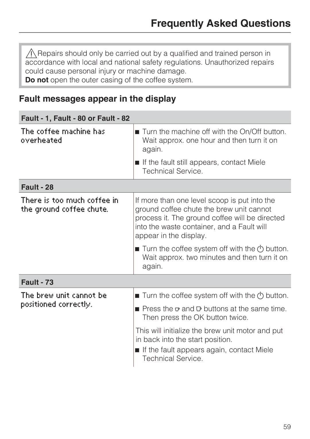 Miele 7995311, CM 5100 manual Frequently Asked Questions, Fault messages appear in the display, Fault 1, Fault 80 or Fault 