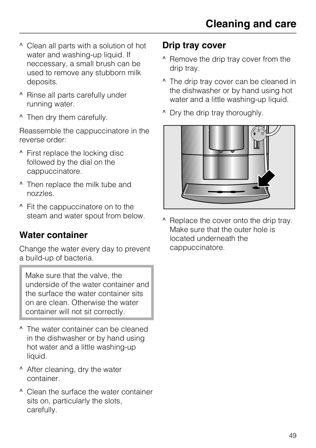 Miele CM 5100 manual Water container, Drip tray cover 