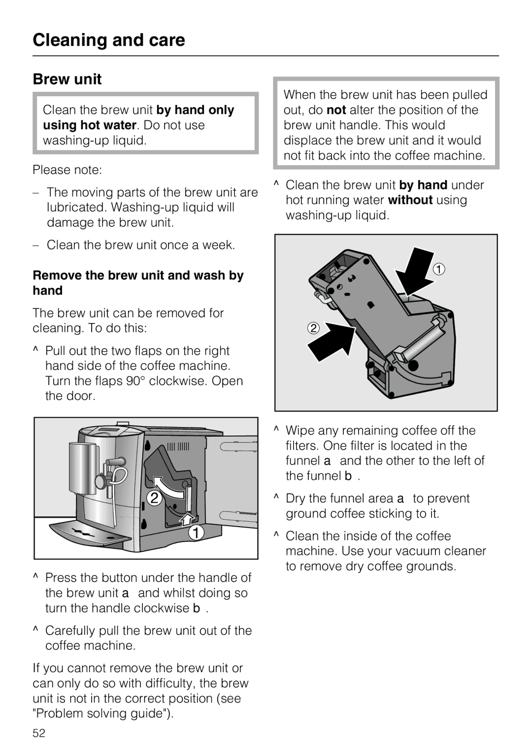 Miele CM 5100 manual Brew unit, Remove the brew unit and wash by hand 