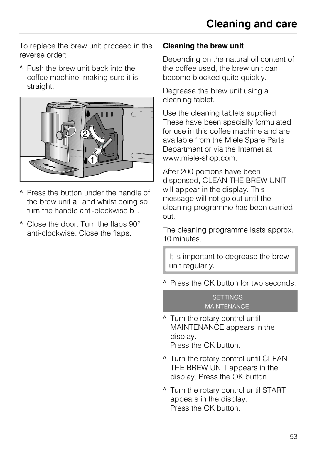 Miele CM 5100 manual Cleaning the brew unit 