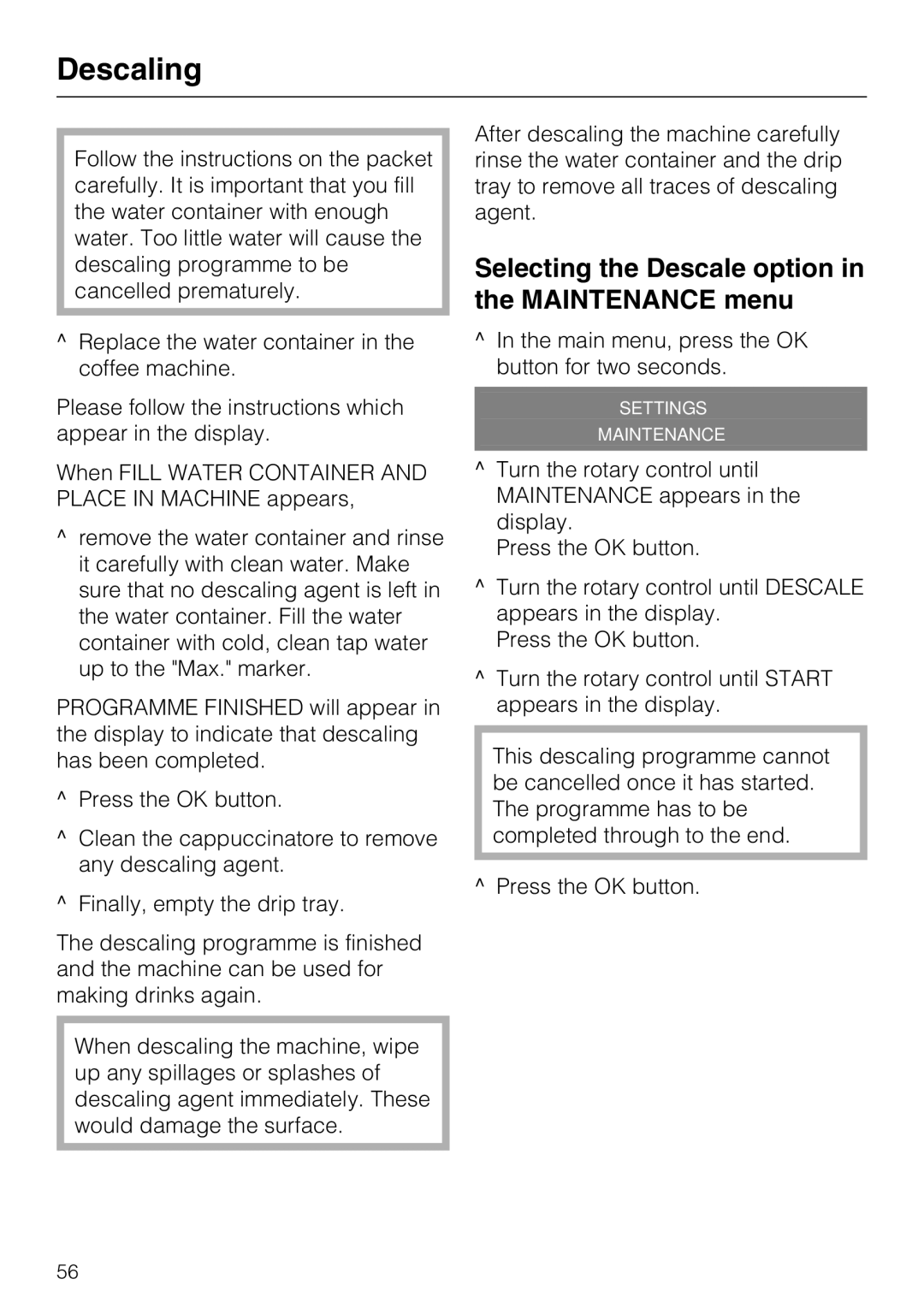 Miele CM 5100 manual Selecting the Descale option in the Maintenance menu 