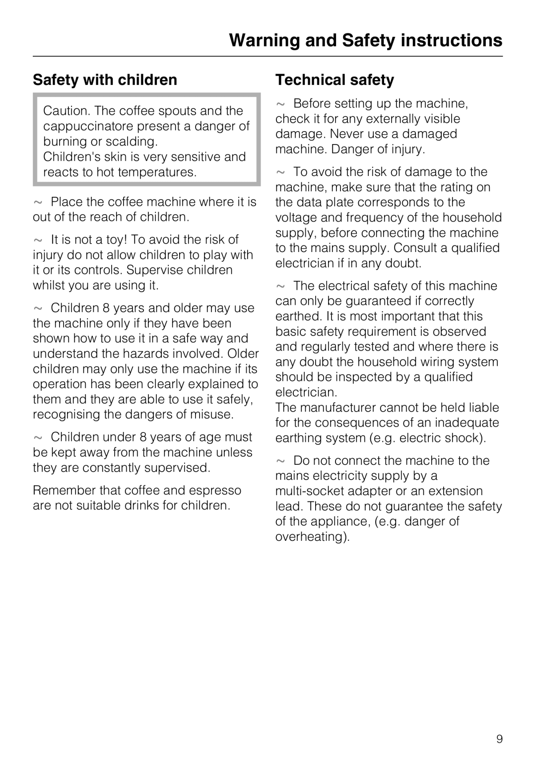 Miele CM 5100 manual Safety with children, Technical safety 