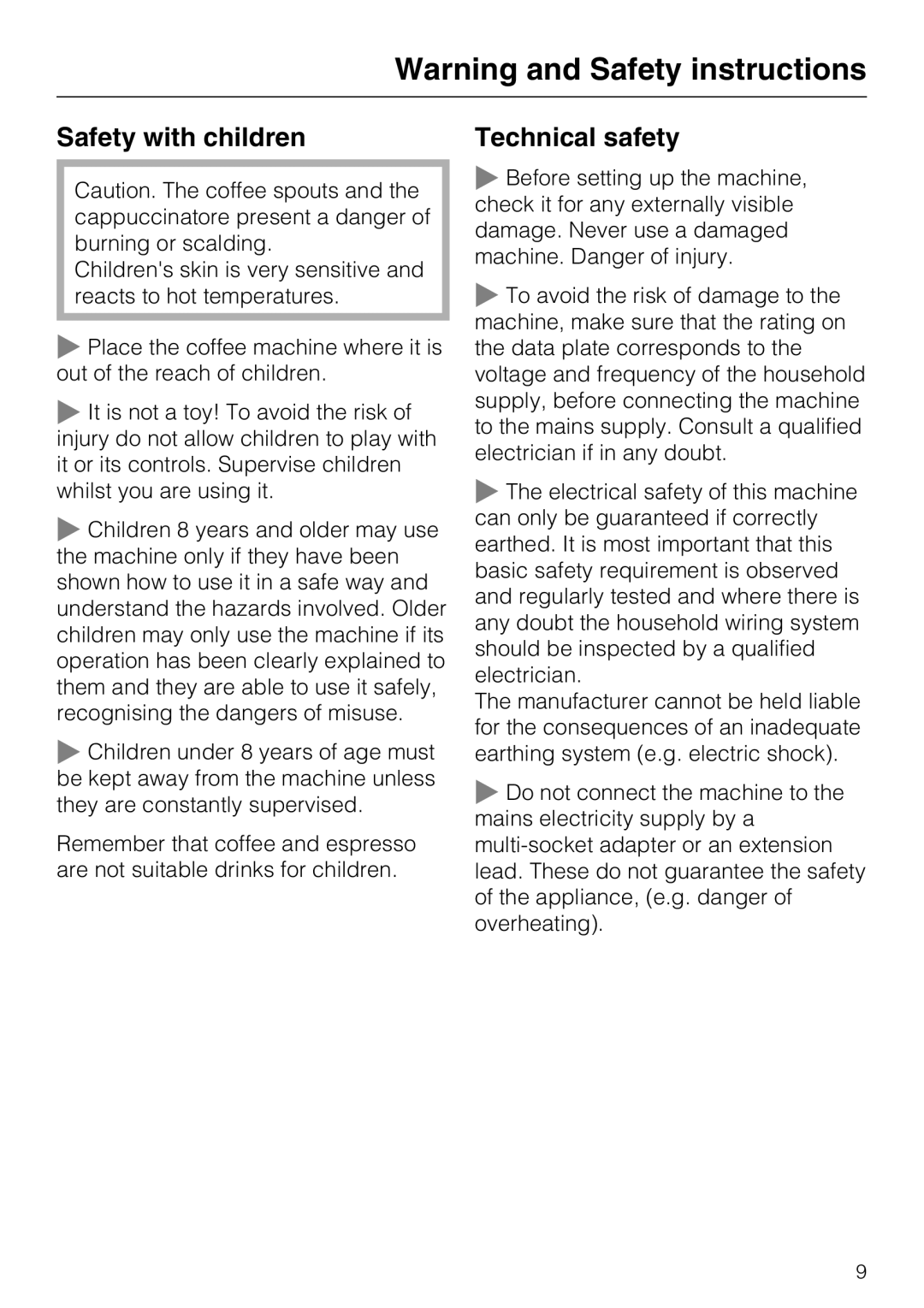 Miele CM 5100 manual Safety with children, Technical safety, Warning and Safety instructions 