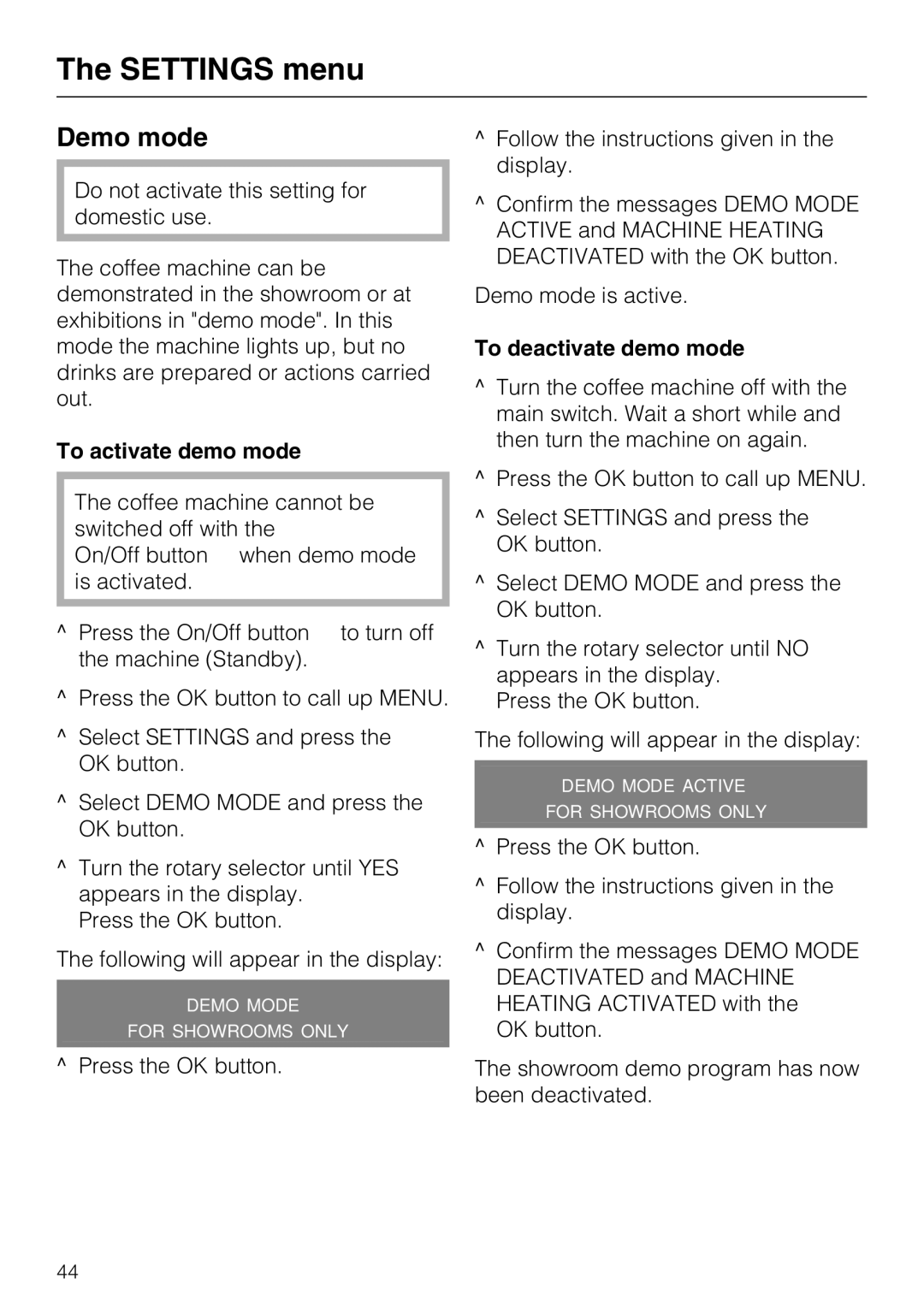 Miele CM 5200 manual Demo mode, To activate demo mode, To deactivate demo mode 