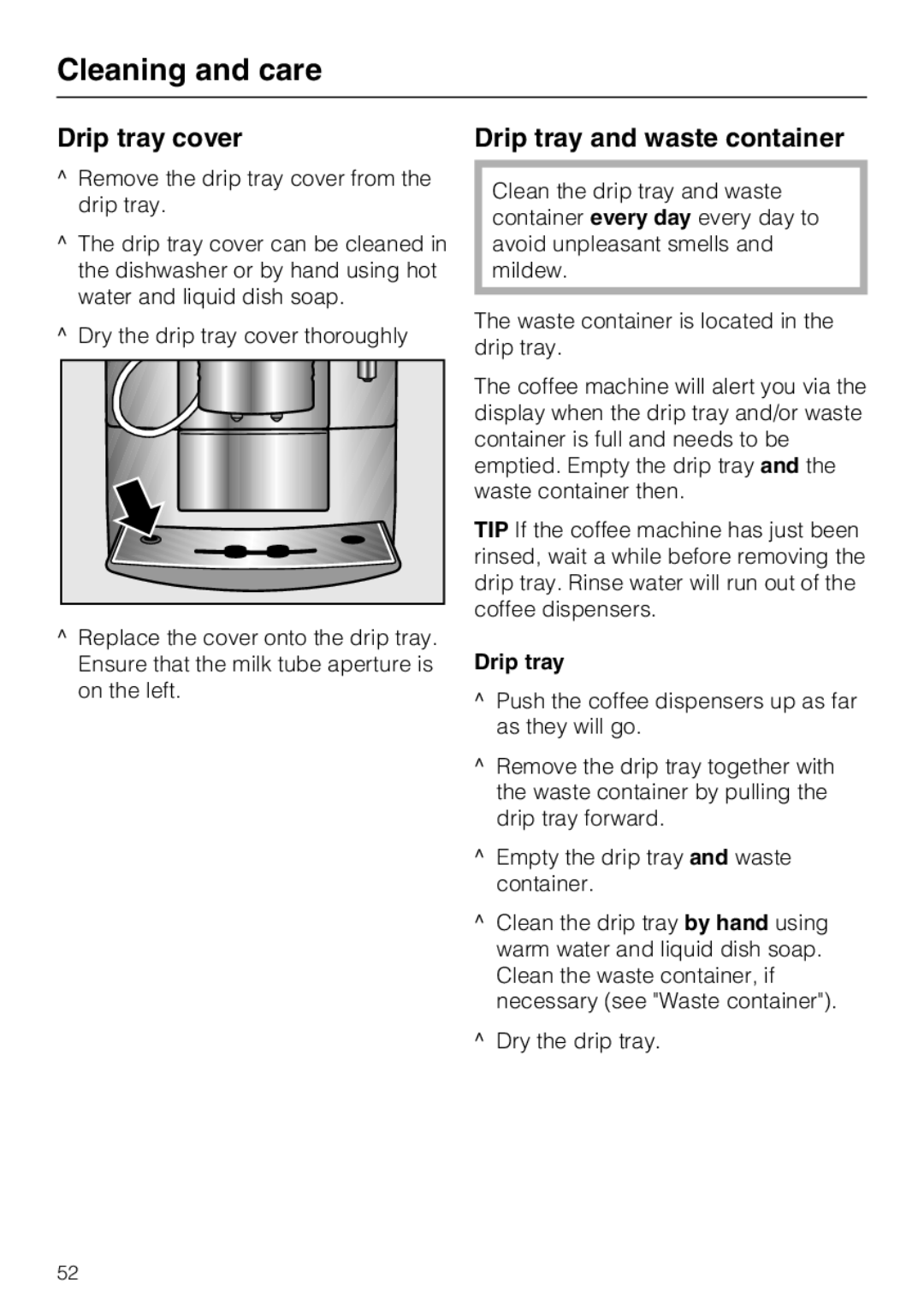 Miele CM 5200 manual Drip tray cover Drip tray and waste container 