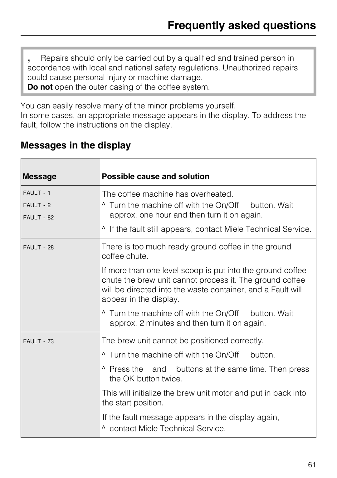 Miele CM 5200 manual Frequently asked questions, Messages in the display, Message Possible cause and solution 