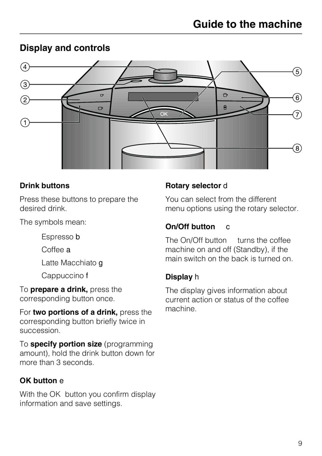 Miele CM 5200 manual Display and controls, Drink buttons, Rotary selector d, On/Off button c 