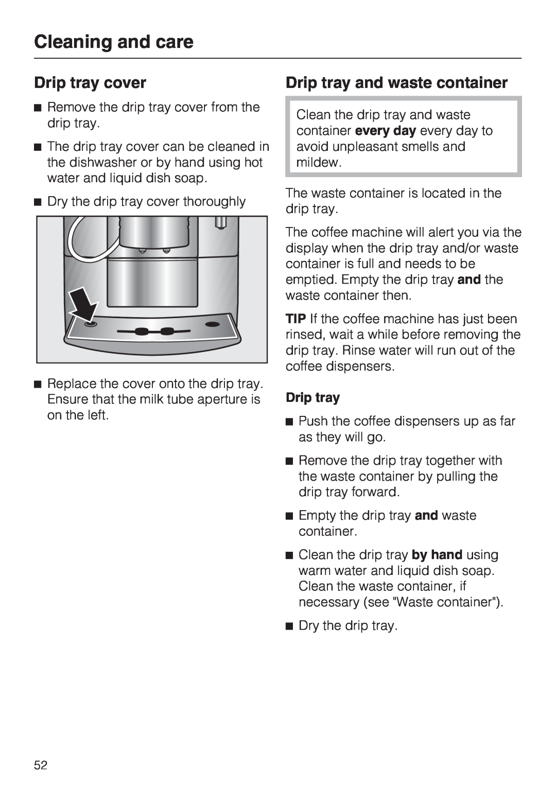 Miele CM 5200 manual Drip tray cover, Drip tray and waste container, Cleaning and care 