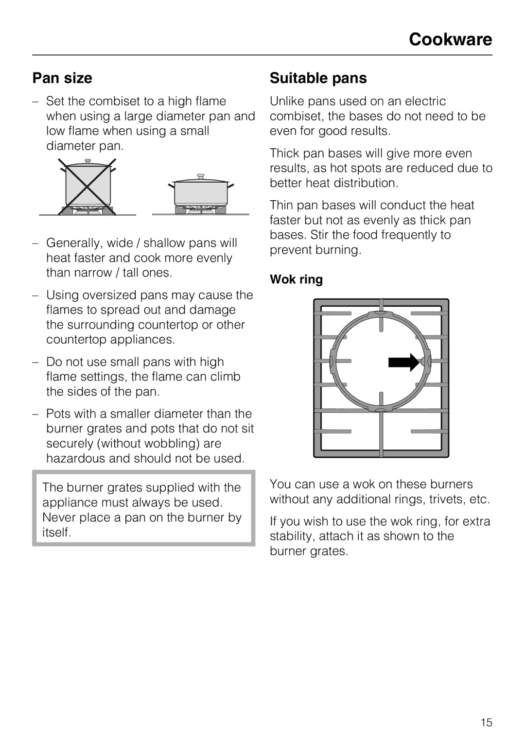 Miele CS 1011 installation instructions Cookware, Pan size, Suitable pans, Wok ring 