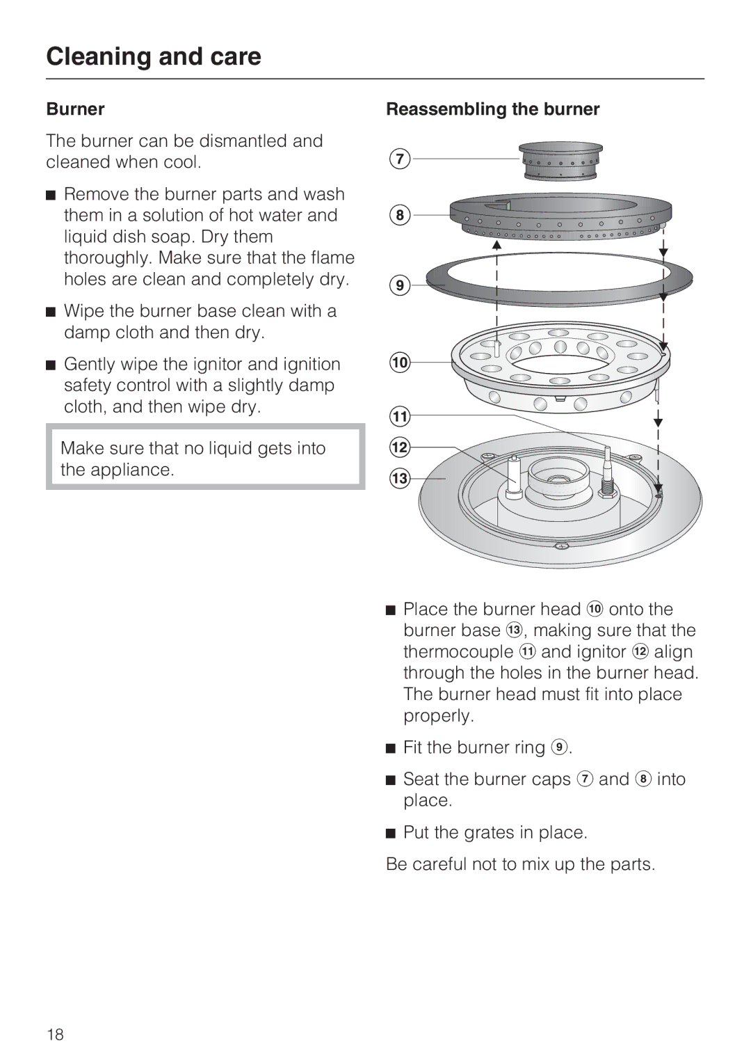 Miele CS 1011 installation instructions Burner, Reassembling the burner 