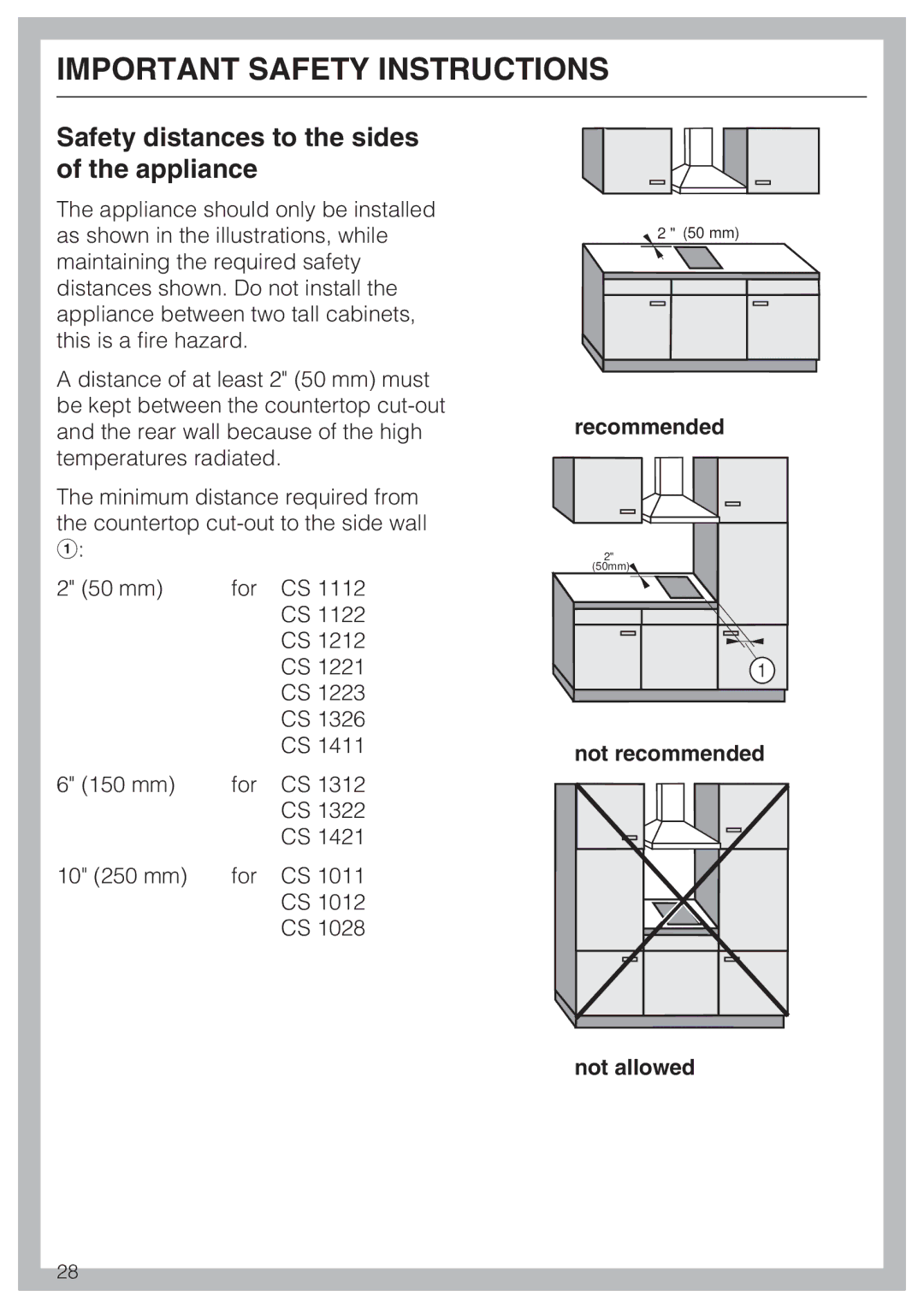 Miele CS 1011 Safety distances to the sides of the appliance, Recommended, Not recommended Not allowed 