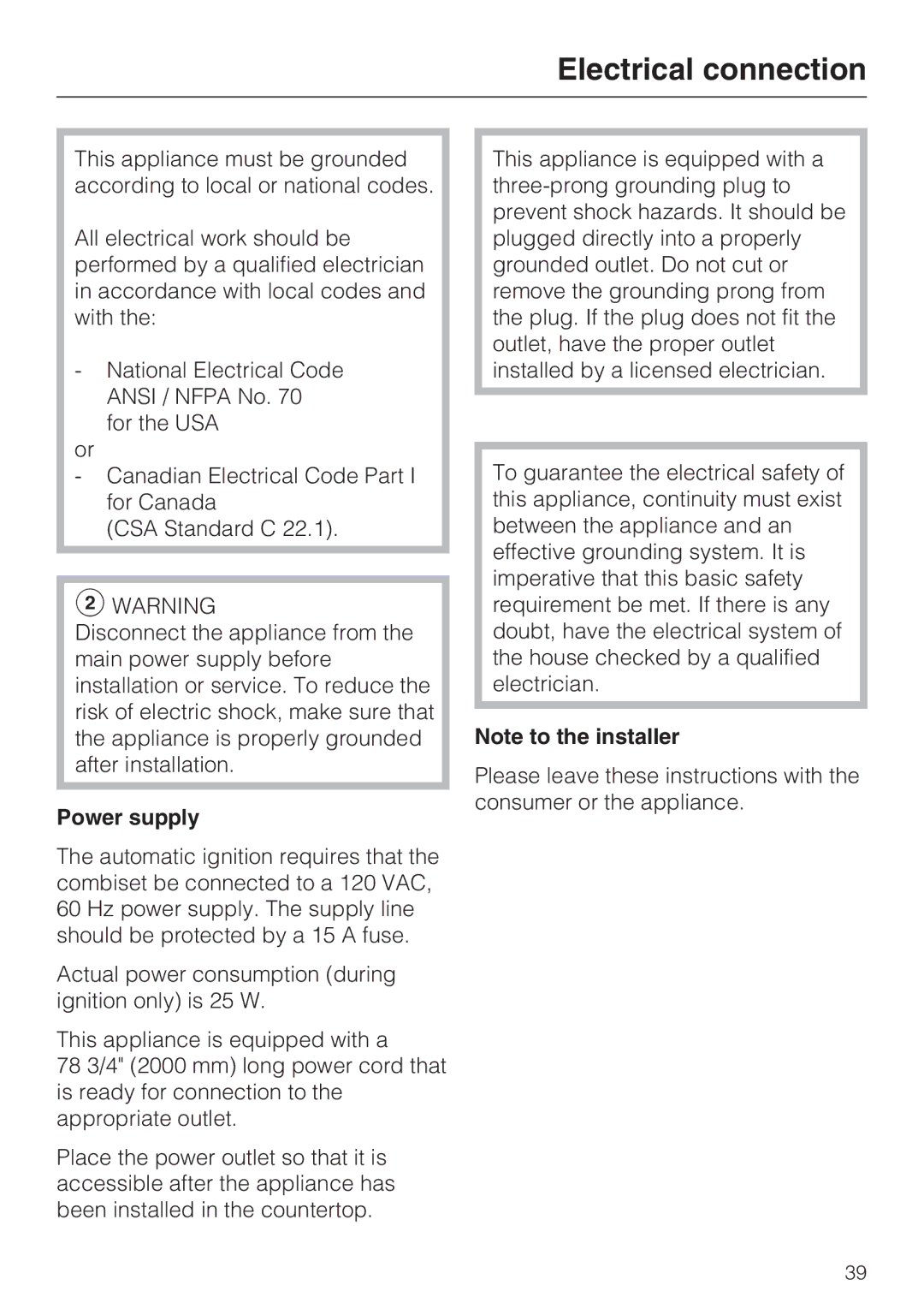 Miele CS 1011 installation instructions Electrical connection, Power supply 