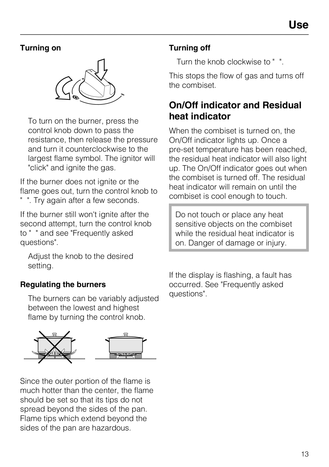 Miele CS 1012 On/Off indicator and Residual heat indicator, Turning on Turning off, Regulating the burners 