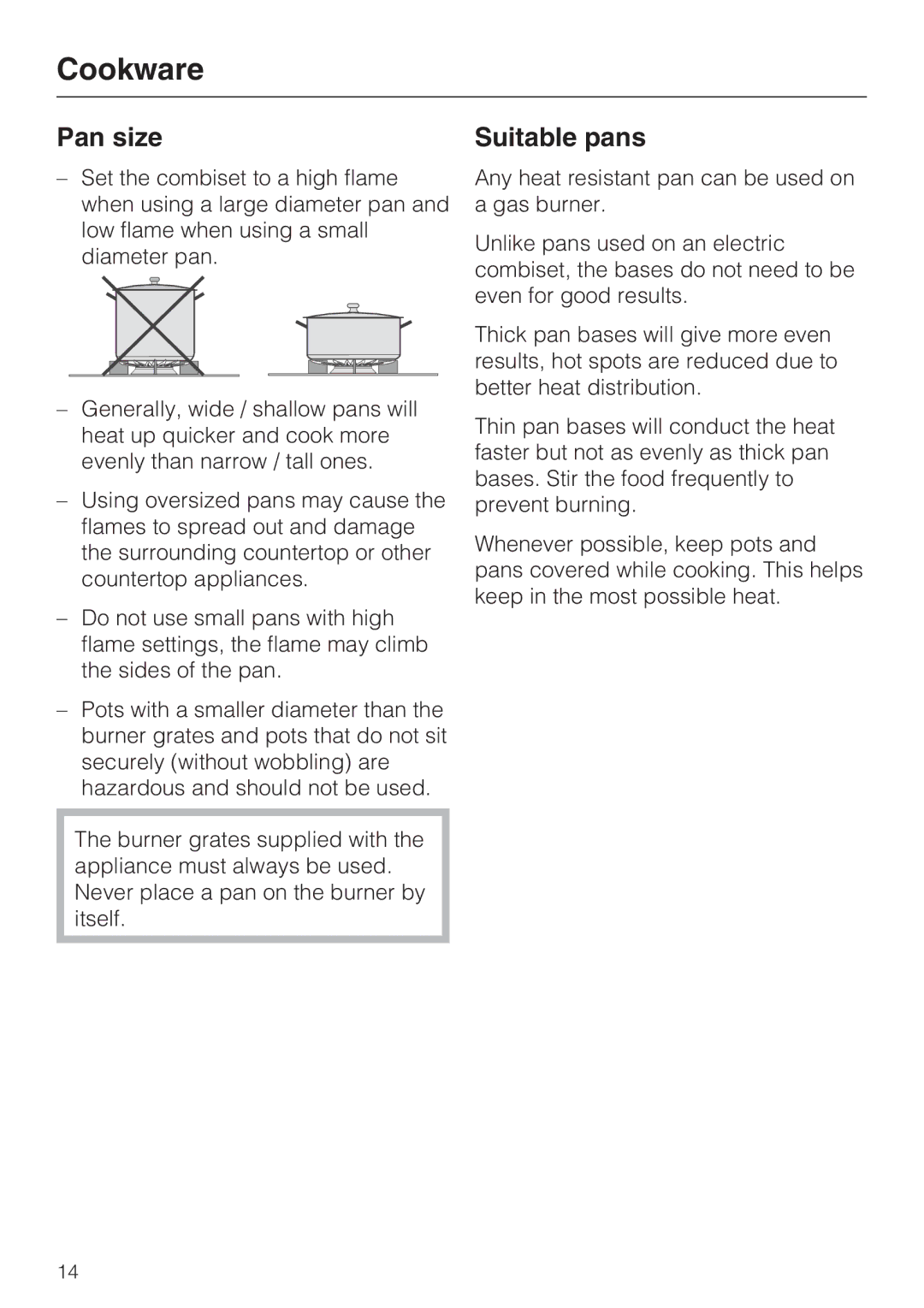 Miele CS 1012 installation instructions Cookware, Pan size, Suitable pans 