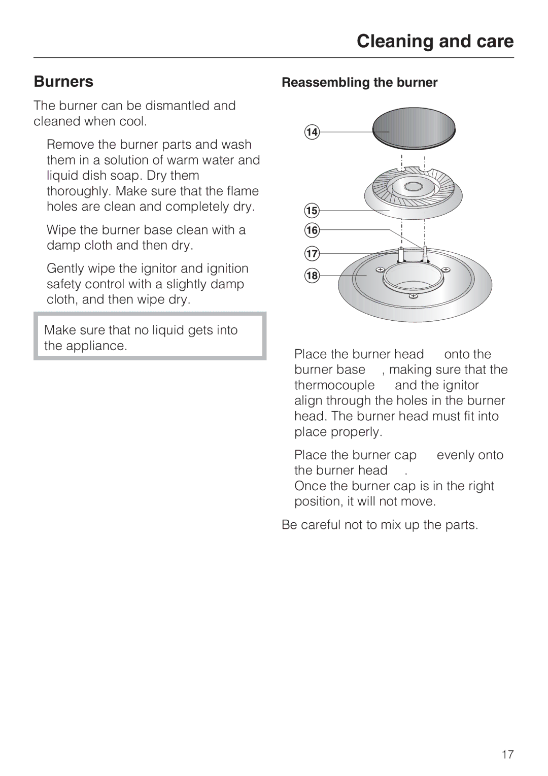 Miele CS 1012 installation instructions Burners, Reassembling the burner 