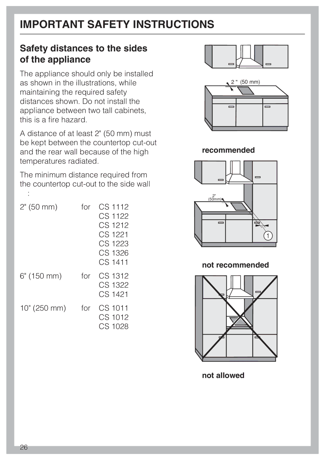 Miele CS 1012 Safety distances to the sides of the appliance, Recommended, Not recommended Not allowed 