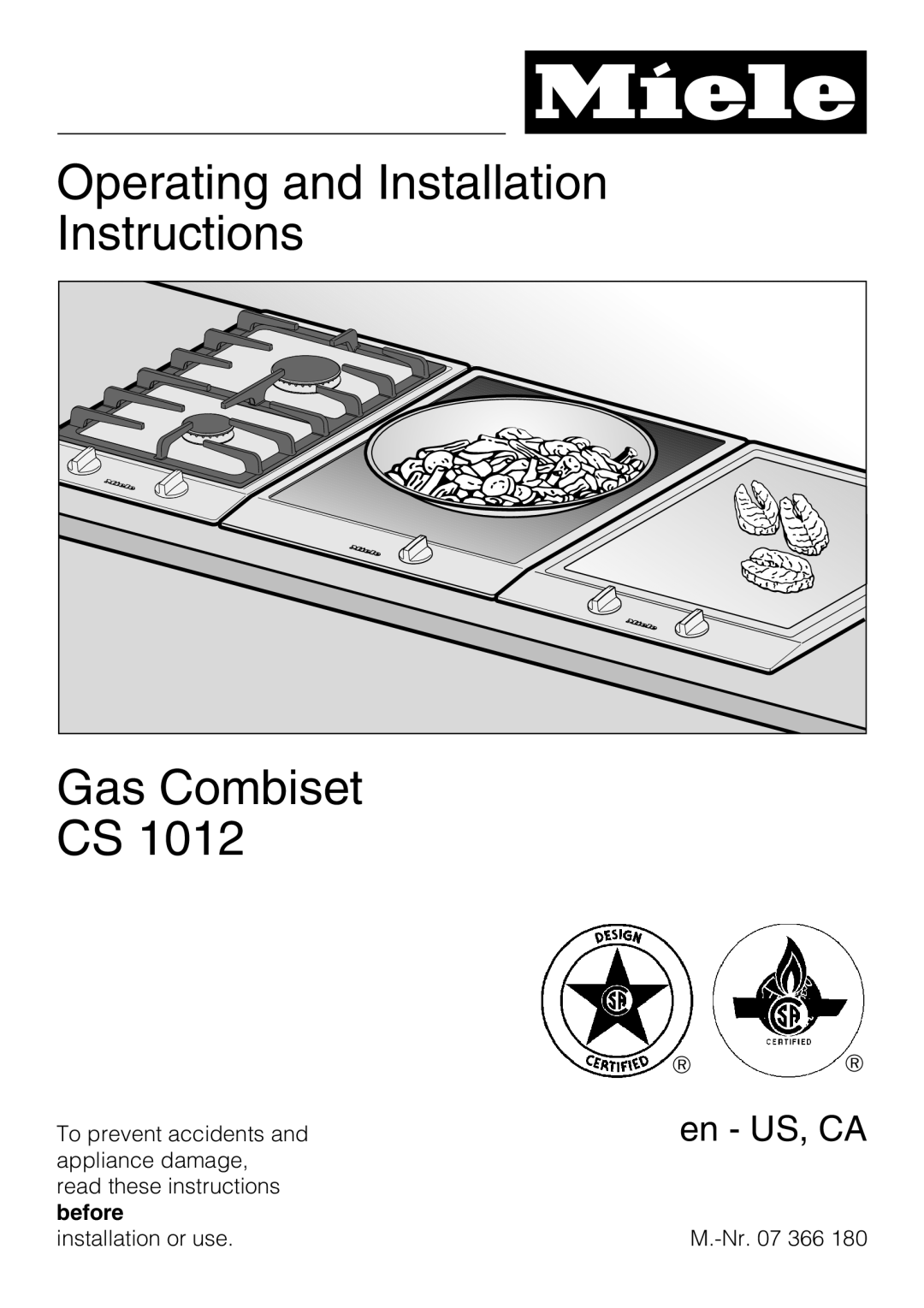 Miele CS 1012 installation instructions Operating and Installation Instructions, Gas Combiset CS, en - US, CA 