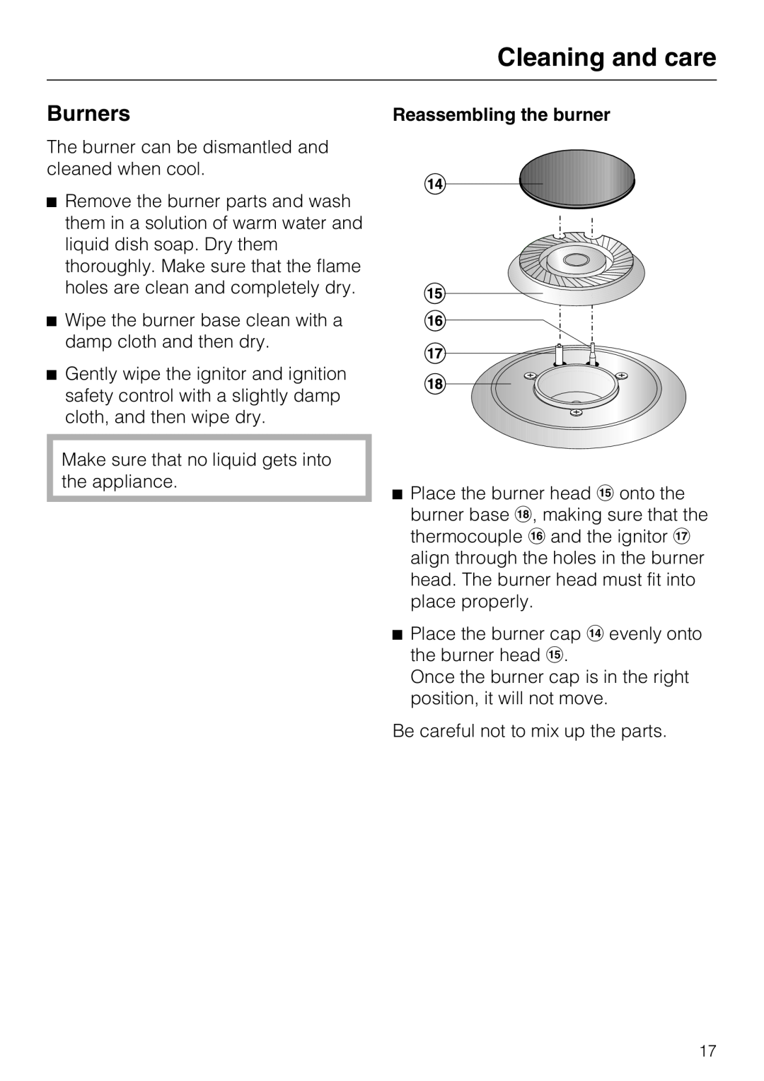 Miele CS 1012 installation instructions Burners, Cleaning and care, Reassembling the burner 