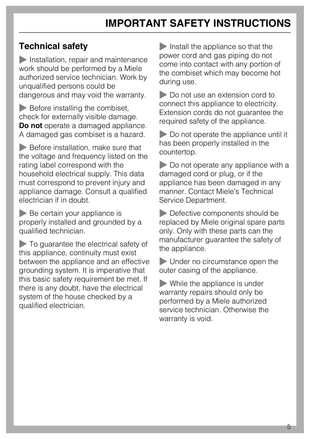 Miele CS 1012 installation instructions Technical safety, Important Safety Instructions 