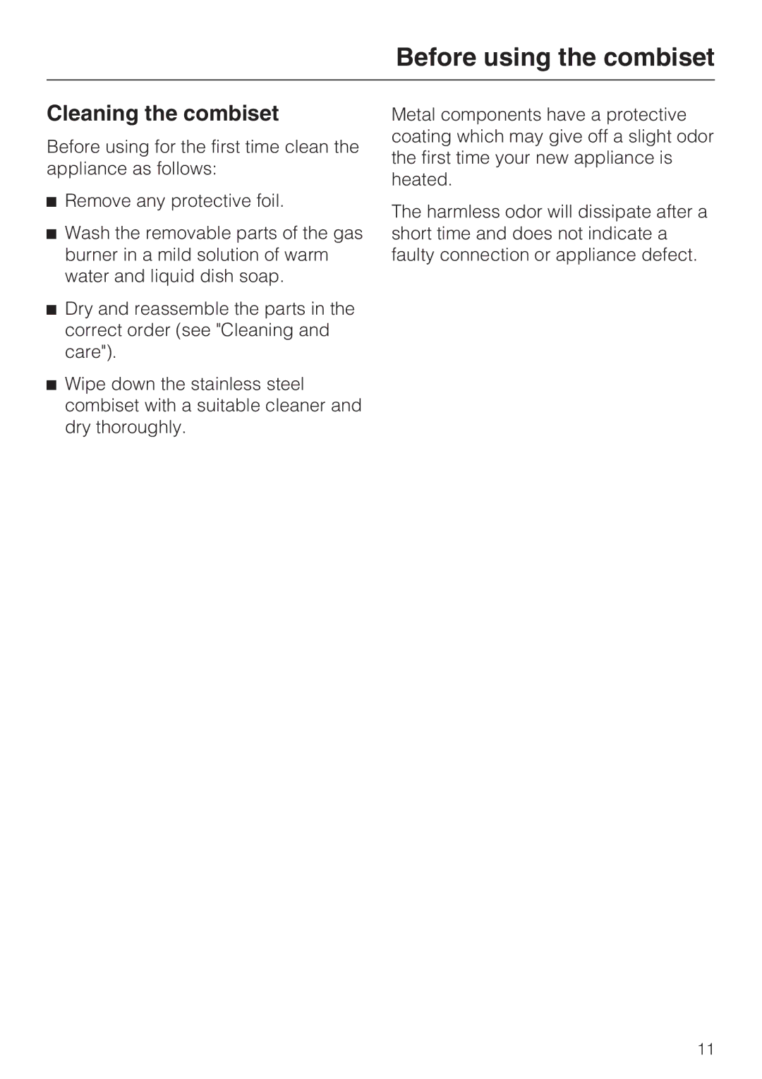 Miele CS 1028 installation instructions Before using the combiset, Cleaning the combiset 