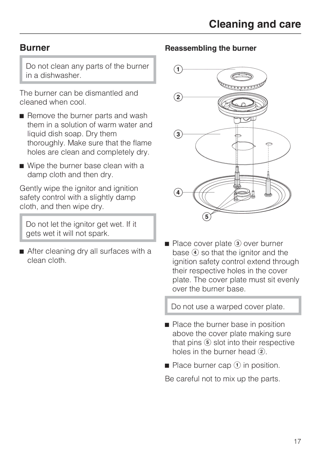 Miele CS 1028 installation instructions Burner, Reassembling the burner 