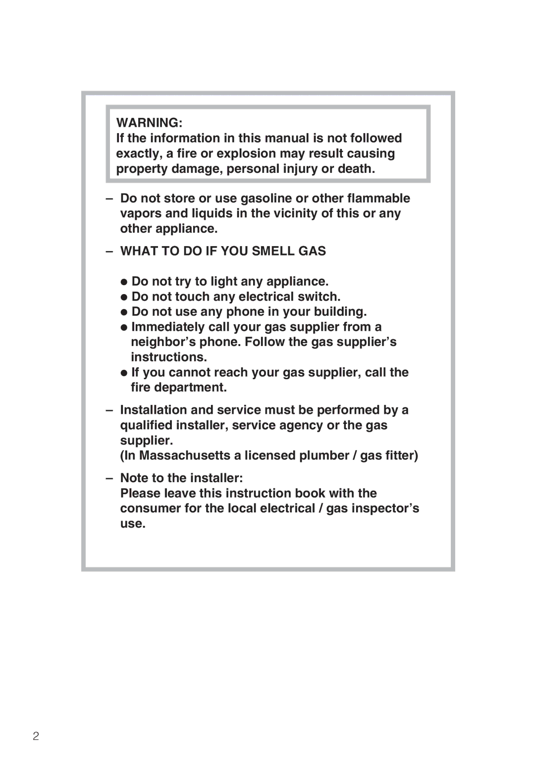 Miele CS 1028 installation instructions What to do if YOU Smell GAS 