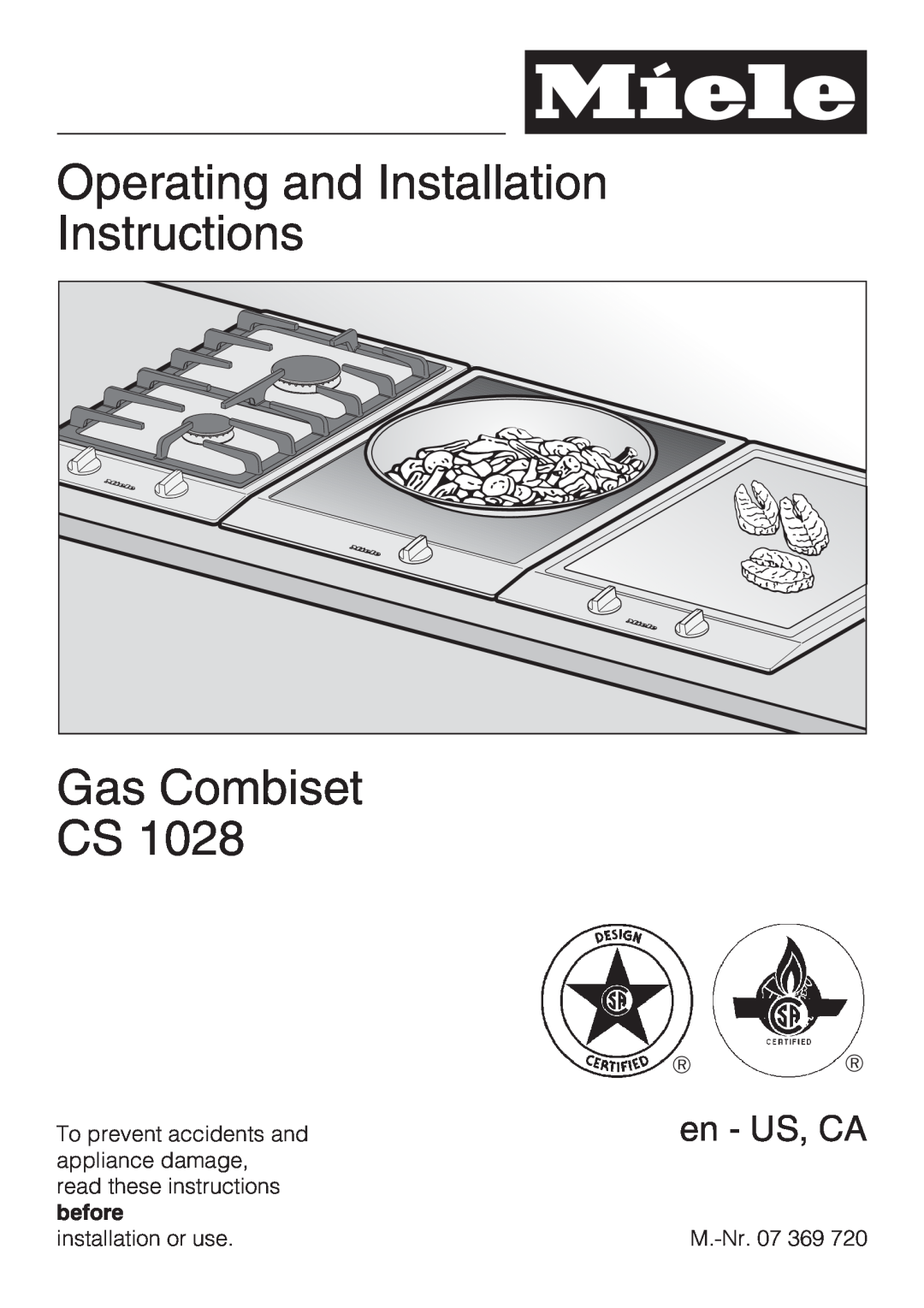 Miele CS 1028 installation instructions Operating and Installation Instructions Gas Combiset CS, en - US, CA 