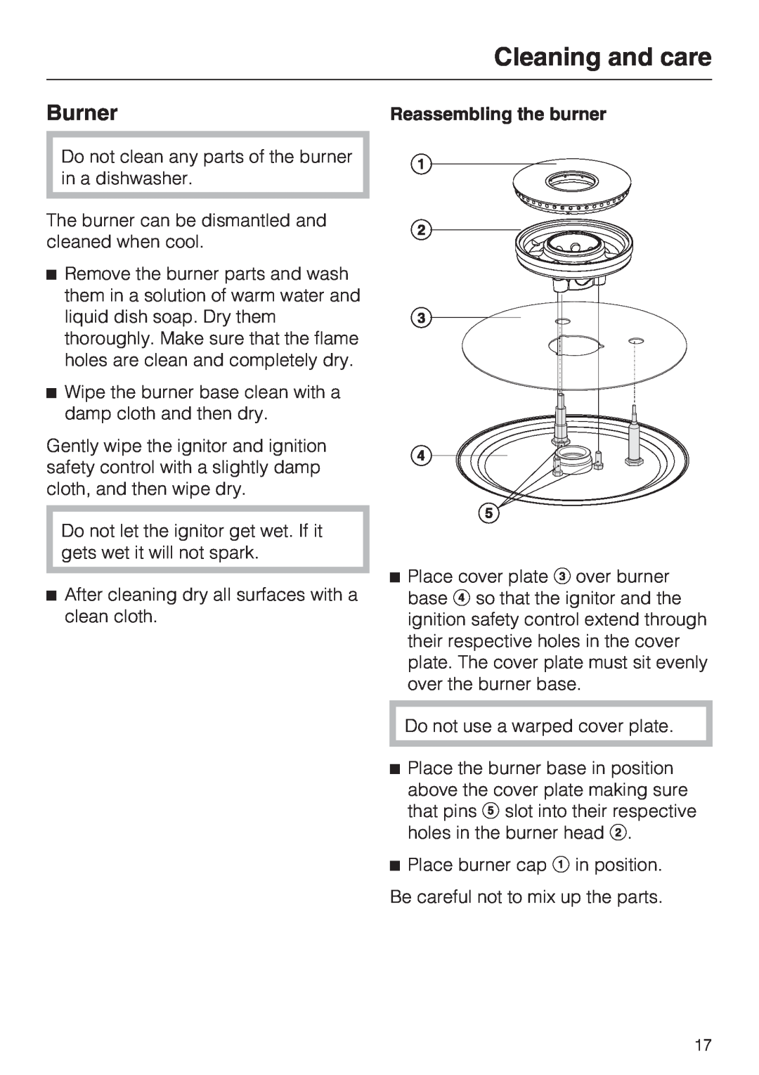 Miele CS 1028 installation instructions Cleaning and care, Burner, Reassembling the burner 