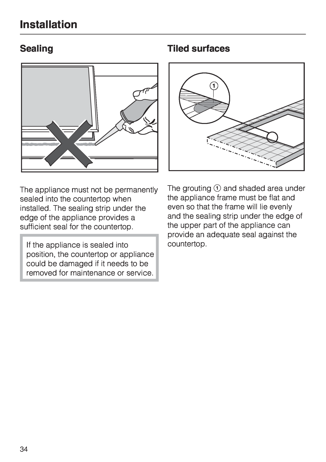 Miele CS 1028 installation instructions Sealing, Tiled surfaces, Installation 