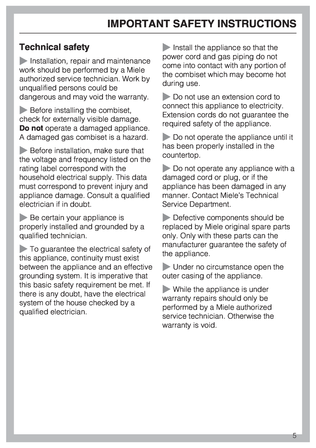Miele CS 1028 installation instructions Technical safety, Important Safety Instructions 