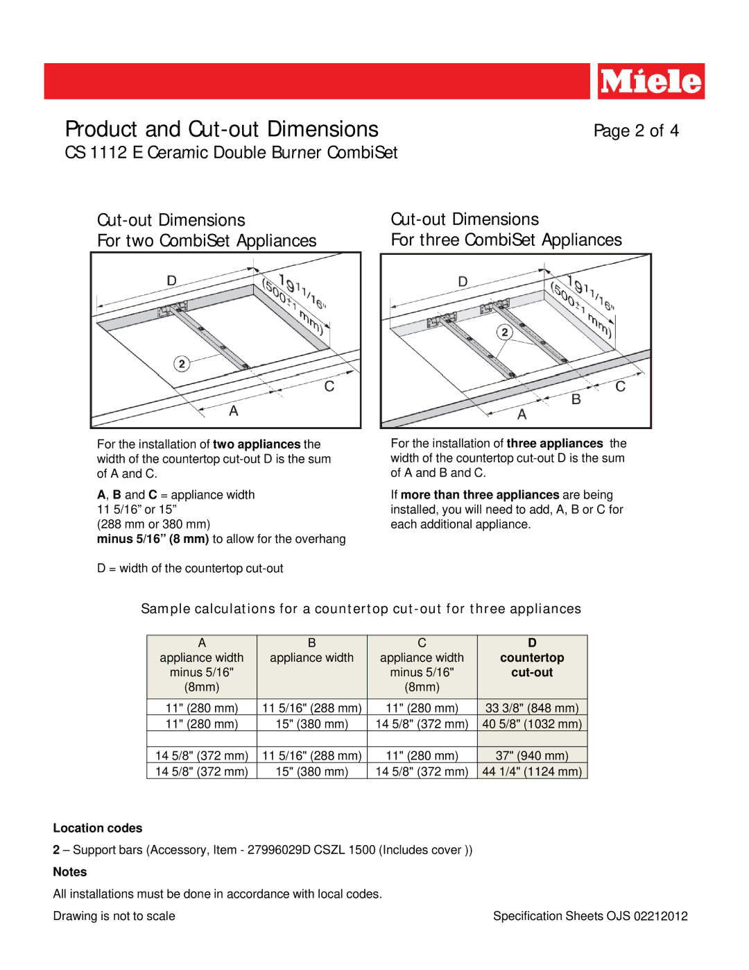 Miele CS 1112 E dimensions Countertop, Cut-out, Location codes 