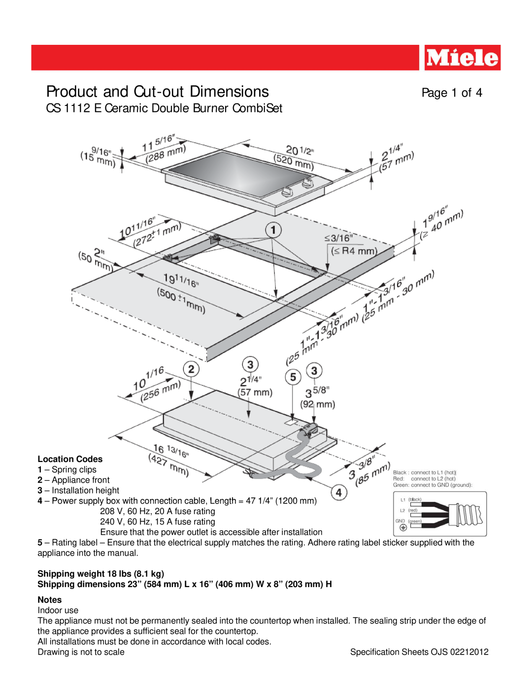 Miele dimensions Product and Cut-out Dimensions, Page 1 of, CS 1112 E Ceramic Double Burner CombiSet, Notes Indoor use 