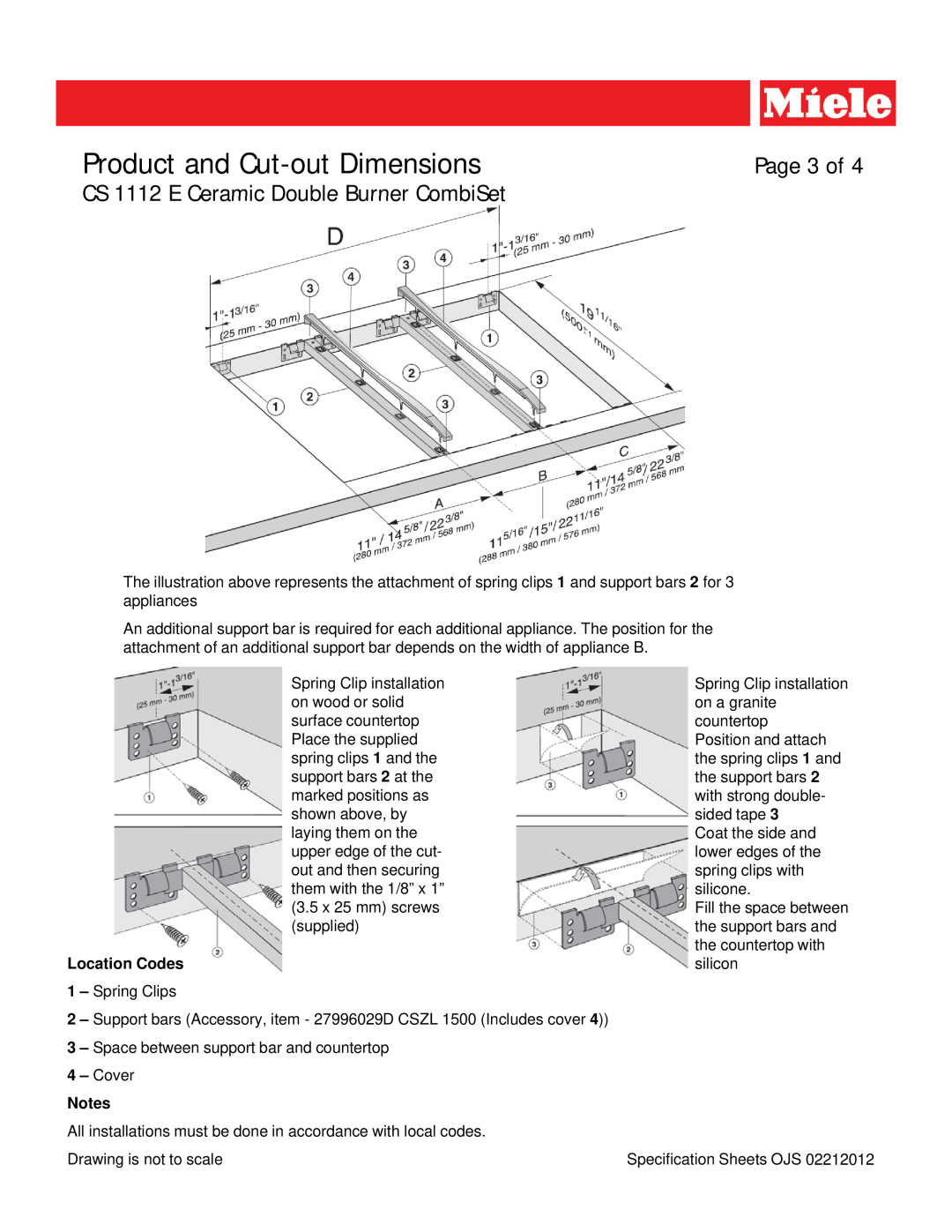 Miele dimensions Page 3 of, Location Codes, Product and Cut-out Dimensions, CS 1112 E Ceramic Double Burner CombiSet 