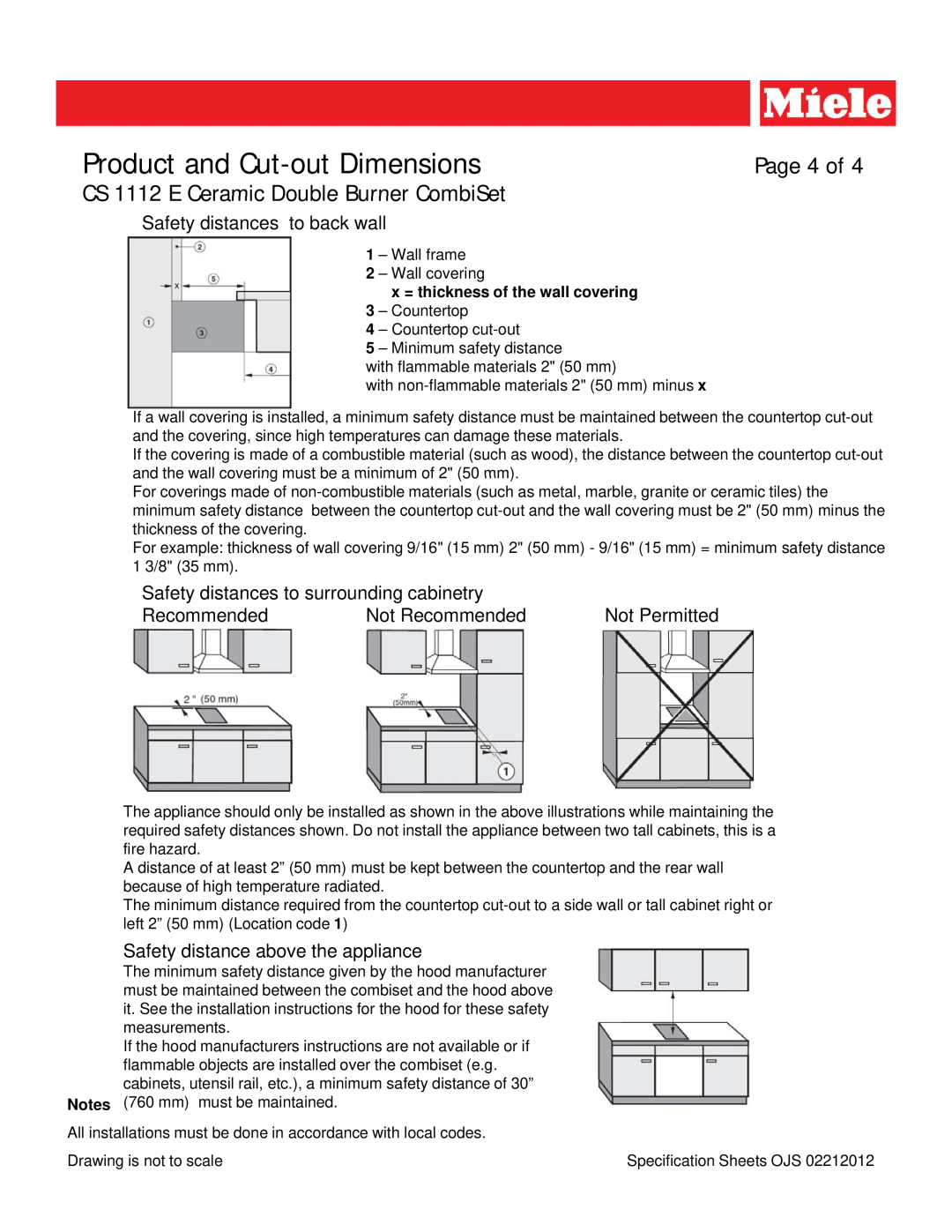 Miele CS 1112 E Product and Cut-out Dimensions, x = thickness of the wall covering 3 - Countertop, Page 4 of, Recommended 